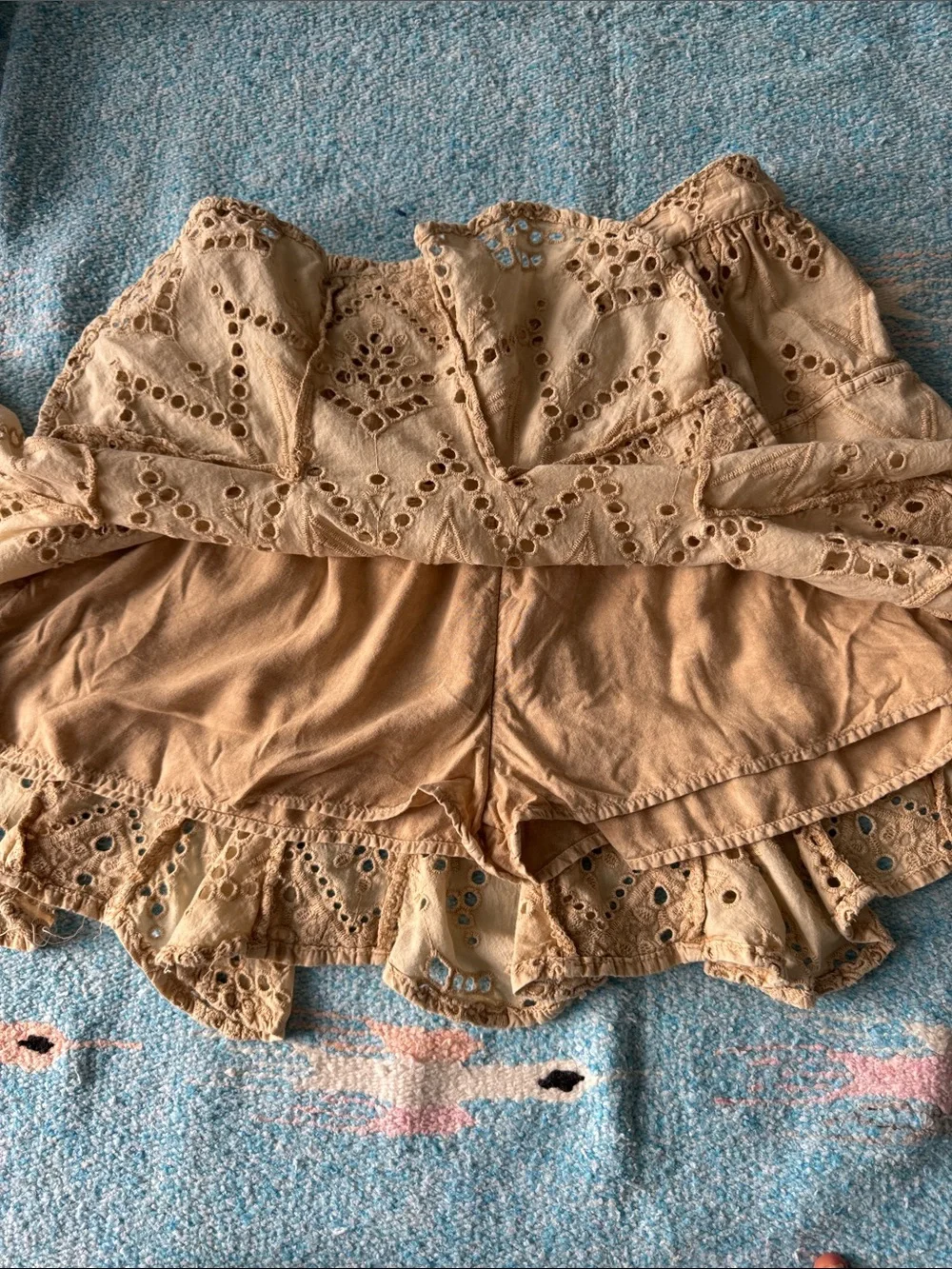Free People Ivory Eyelet Embroidered Ruffle Mini Skirt Shorts Size S Boho